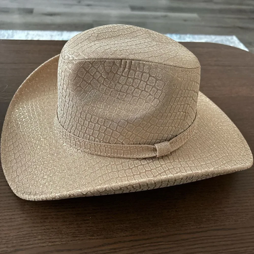 Glitter Gold Champagne Cowboy Hat – Croc-Embossed Western Style M New